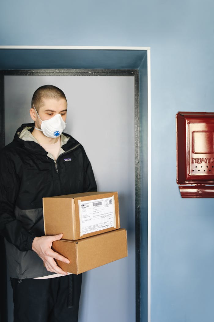 A man indoors wearing a face mask while holding cardboard boxes, reflecting delivery services in pandemic times.