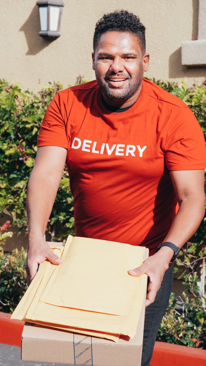A delivery man in a red shirt holding packages, delivering service outdoors.
